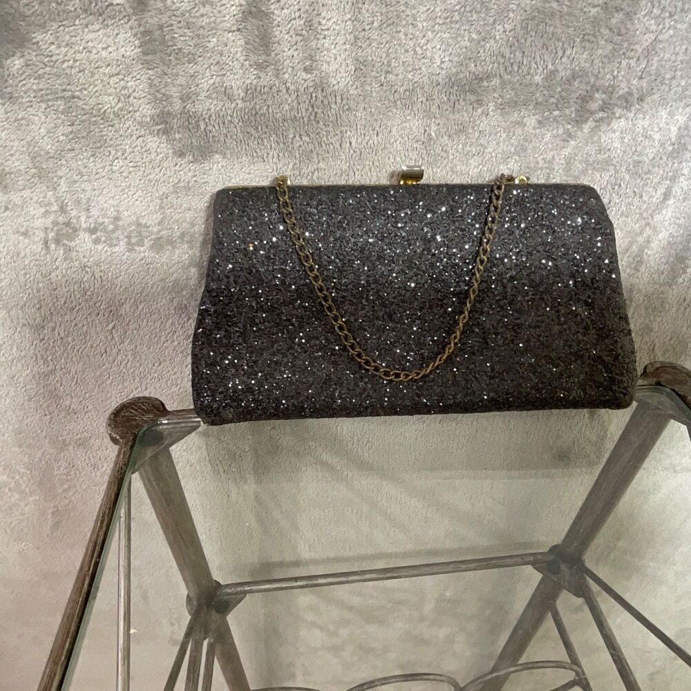 Vintage Beaded Glitter Sparkle Evening Clutch Bag Purse Black about 9”X 5”